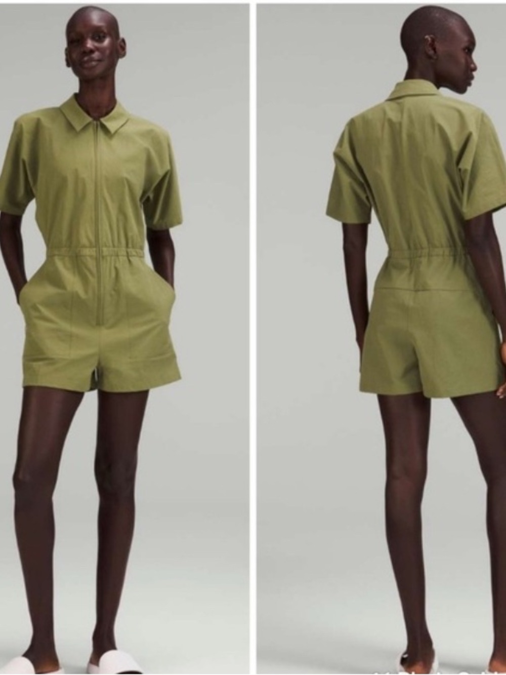 This is the Lululemon Lab Zip-Front Collared Romper in bronze green, featuring a